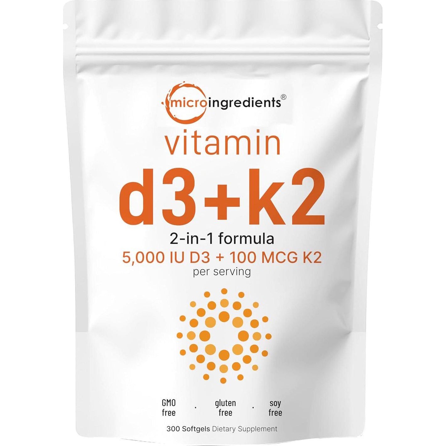 Micro Ingredients Vitamin D3 5,000 IU with K2, 100 mcg, 300 Softgels, 2-in-1 Immune, Heart, Joint, Teeth & Bone Health Support