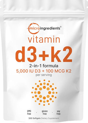 Micro Ingredients Vitamin D3 5,000 IU with K2, 100 mcg, 300 Softgels, 2-in-1 Immune, Heart, Joint, Teeth & Bone Health Support