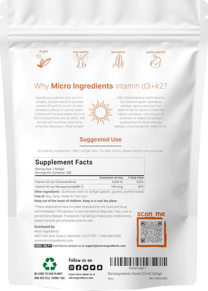 Micro Ingredients Vitamin D3 5,000 IU with K2, 100 mcg, 300 Softgels, 2-in-1 Immune, Heart, Joint, Teeth & Bone Health Support