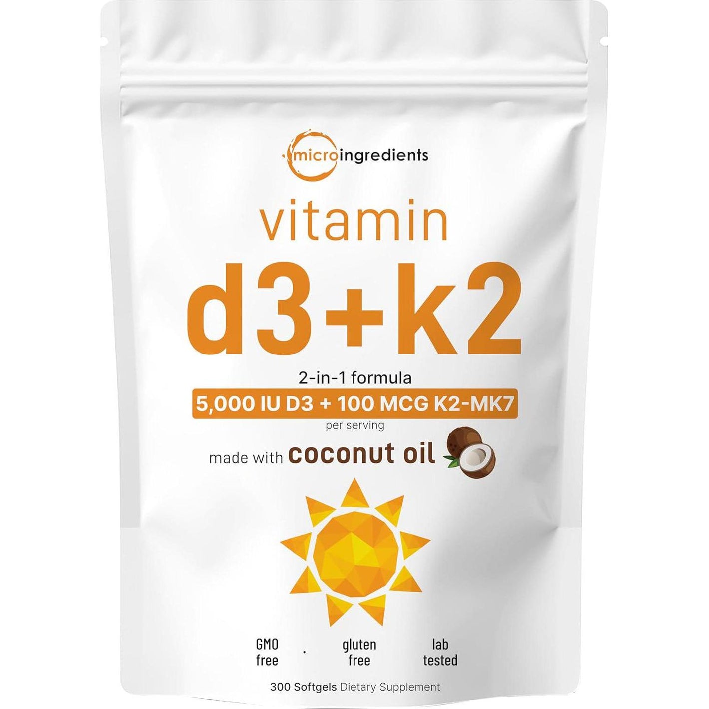 Micro Ingredients Micro Ingredients Vitamin D3 5000 IU Plus K2 (MK-7) 100 Mcg, 300 Virgin Coconut Oil Softgels | 2 In 1 Vitamins D And K Complex | Supports Calcium Absorption, Bone, Immune, And Heart Health