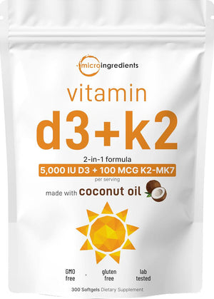 Micro Ingredients Micro Ingredients Vitamin D3 5000 IU Plus K2 (MK-7) 100 Mcg, 300 Virgin Coconut Oil Softgels | 2 In 1 Vitamins D And K Complex | Supports Calcium Absorption, Bone, Immune, And Heart Health