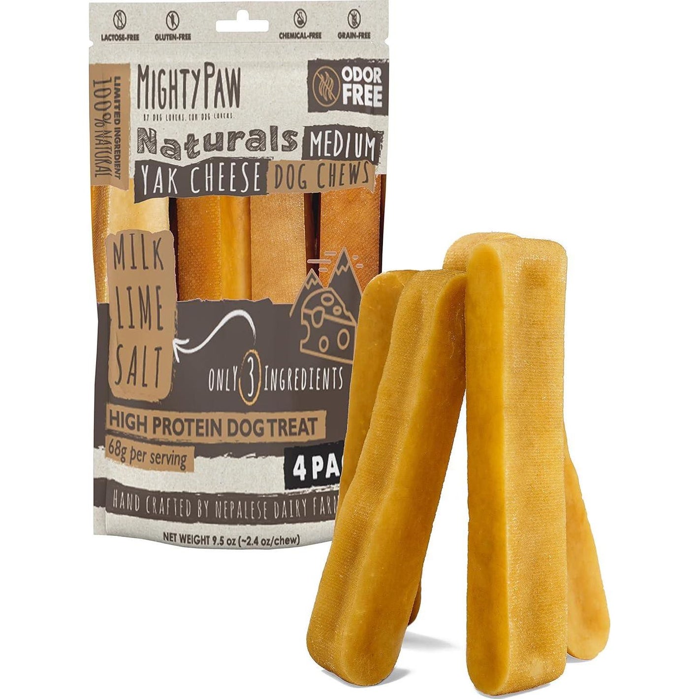 Mighty Paw Yak Cheese Chews 4 Pack Medium Odorless Long Lasting Treats for Puppies and Chewers