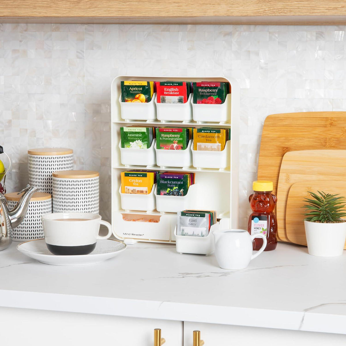 Mind Reader Bag, Tea Station Organizer Countertop Storage, Kitchen, Plastic, 10.25 L X 3.25 W X 13.75 H, White,887530005312