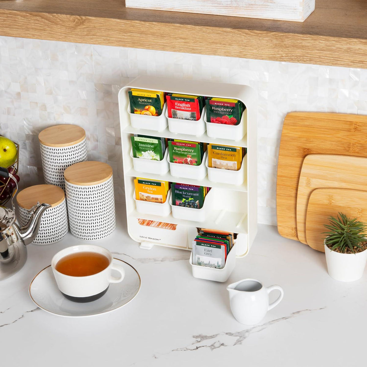 Mind Reader Bag, Tea Station Organizer Countertop Storage, Kitchen, Plastic, 10.25 L X 3.25 W X 13.75 H, White,887530005312