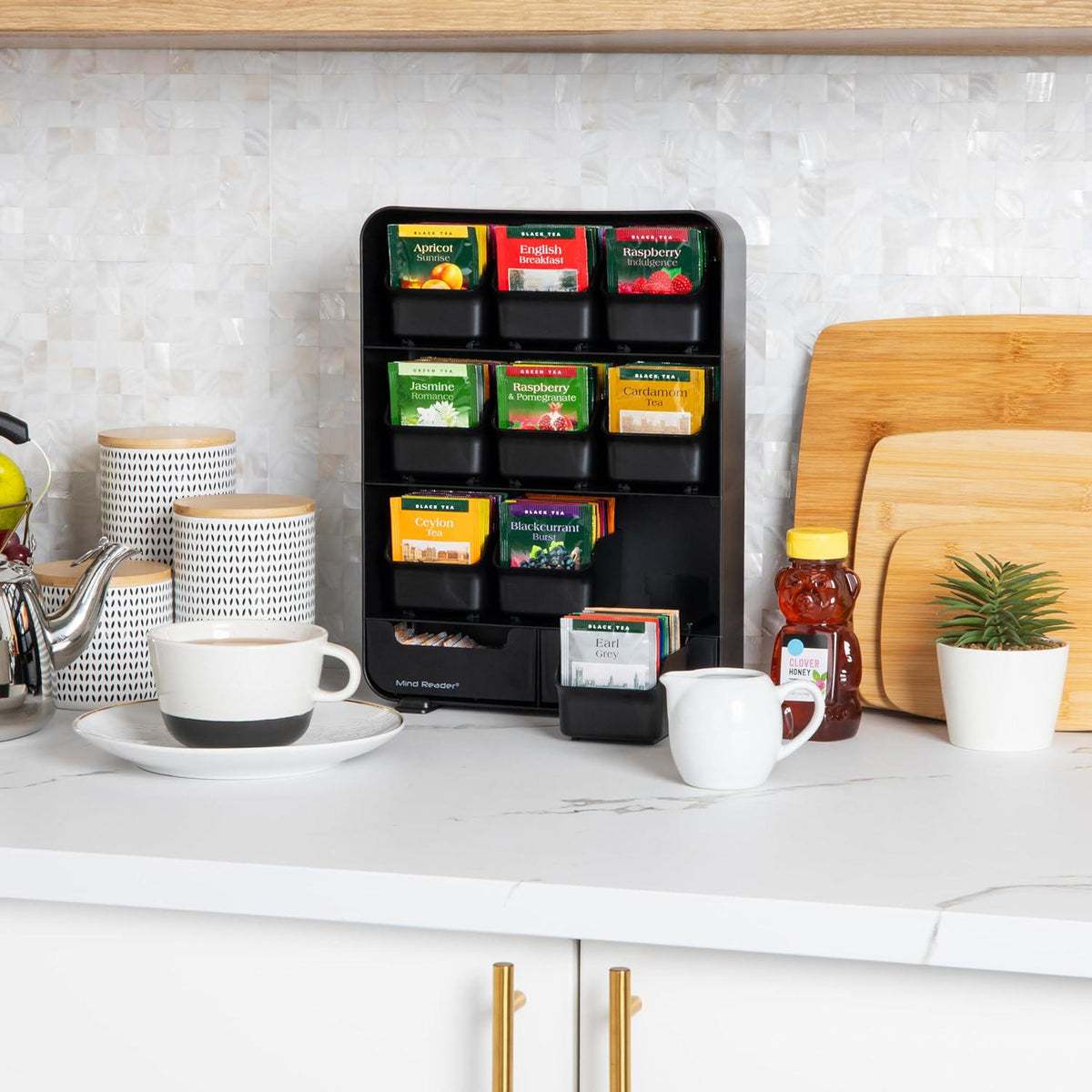 Mind Reader Tea Bag Organizer, Tea Station Organizer, Countertop Storage, Kitchen, Plastic, 10.25 L X 3.25 W X 13.75 H, Black,887530004599