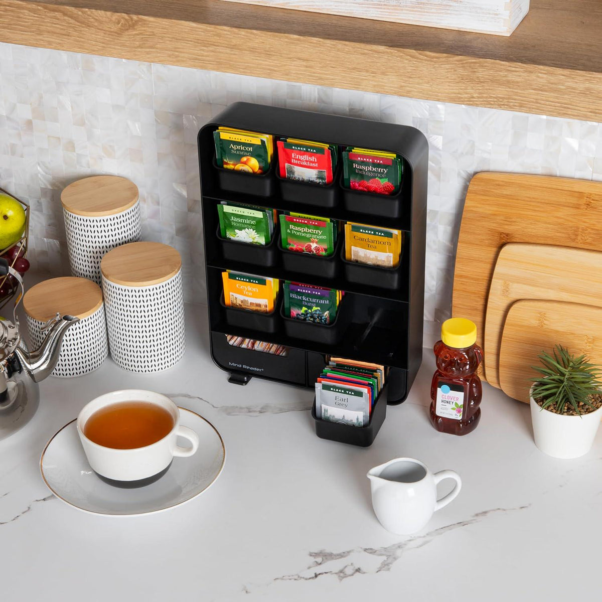Mind Reader Tea Bag Organizer, Tea Station Organizer, Countertop Storage, Kitchen, Plastic, 10.25 L X 3.25 W X 13.75 H, Black,887530004599
