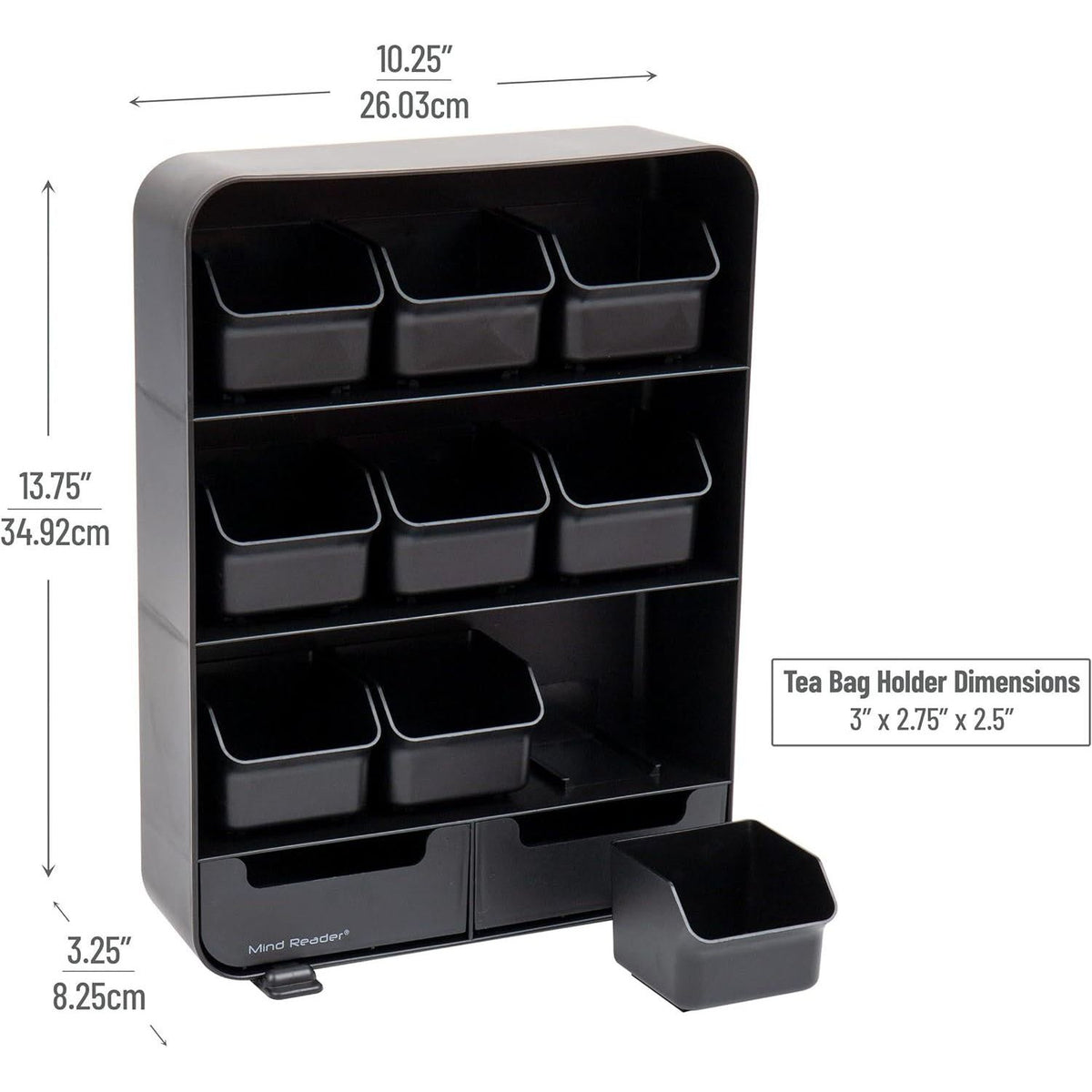 Mind Reader Tea Bag Organizer, Tea Station Organizer, Countertop Storage, Kitchen, Plastic, 10.25 L X 3.25 W X 13.75 H, Black,887530004599