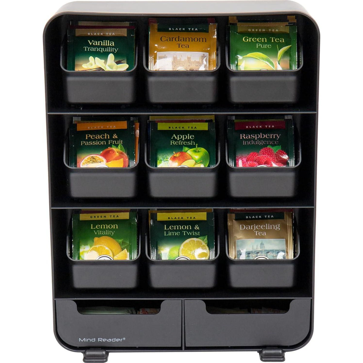 Mind Reader Tea Bag Organizer, Tea Station Organizer, Countertop Storage, Kitchen, Plastic, 10.25 L X 3.25 W X 13.75 H, Black,887530004599