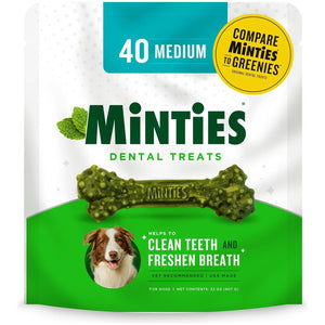 Minties Dental Chews For Dogs, 40 Count, Vet-Recommended Mint-Flavored Dental Treats For Medium Dogs 25-50 Lbs, Dental Bones Clean Teeth, Fight Bad Breath, And Removes Plaque And Tartar,
