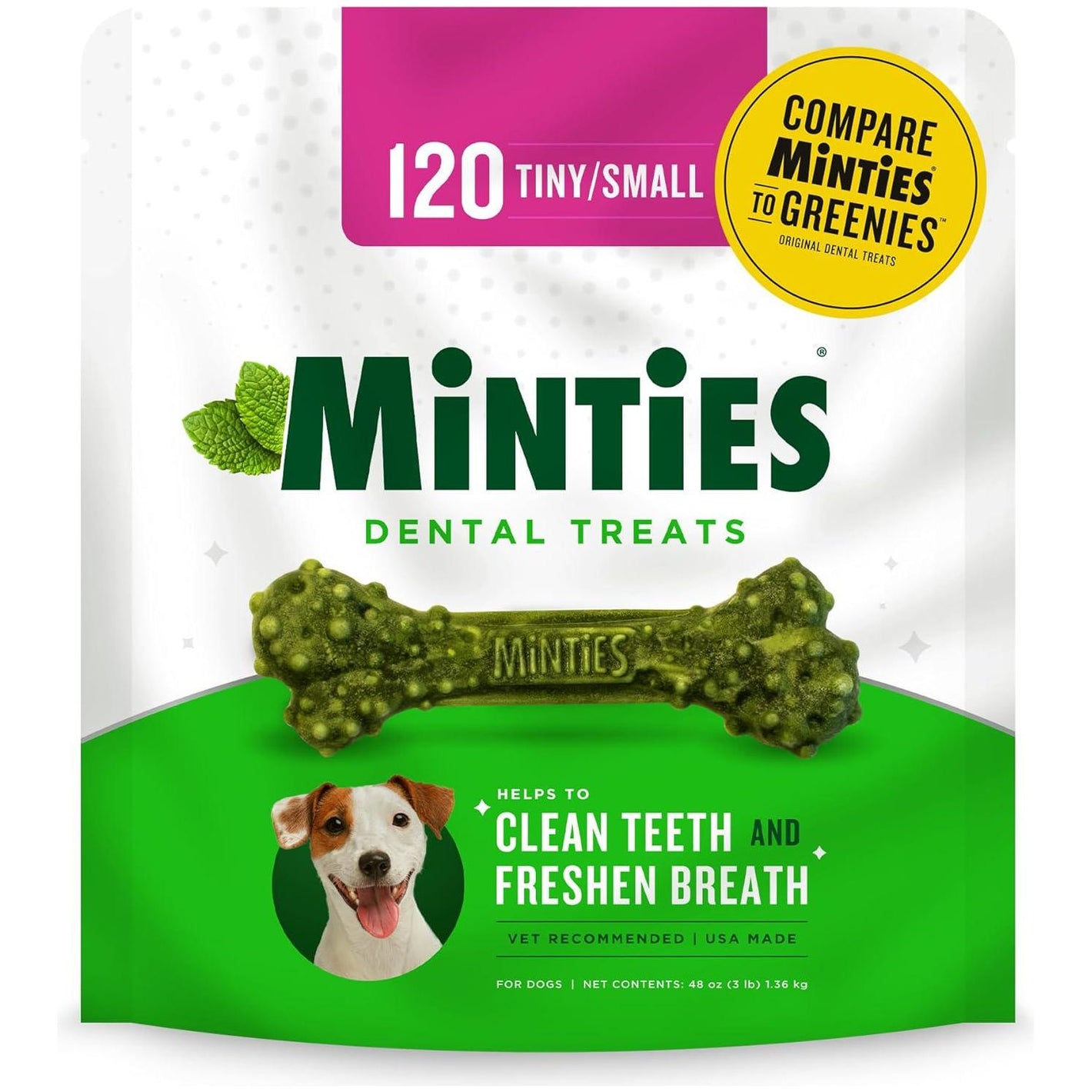 Minties Dog Dental Chews 120 Ct, Vet Recommended for Small Dogs (5–24 lbs), Mint Flavor, Fights Plaque & Tartar
