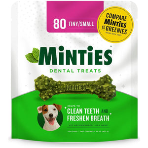 Minties Dental Chews For Dogs, 80 Count, Vet-Recommended Mint-Flavored Dental Treats For Tiny/Small Dogs 5-24 Lbs, Dental Bones Clean Teeth, Fight Bad Breath, And Removes Plaque And Tartar,