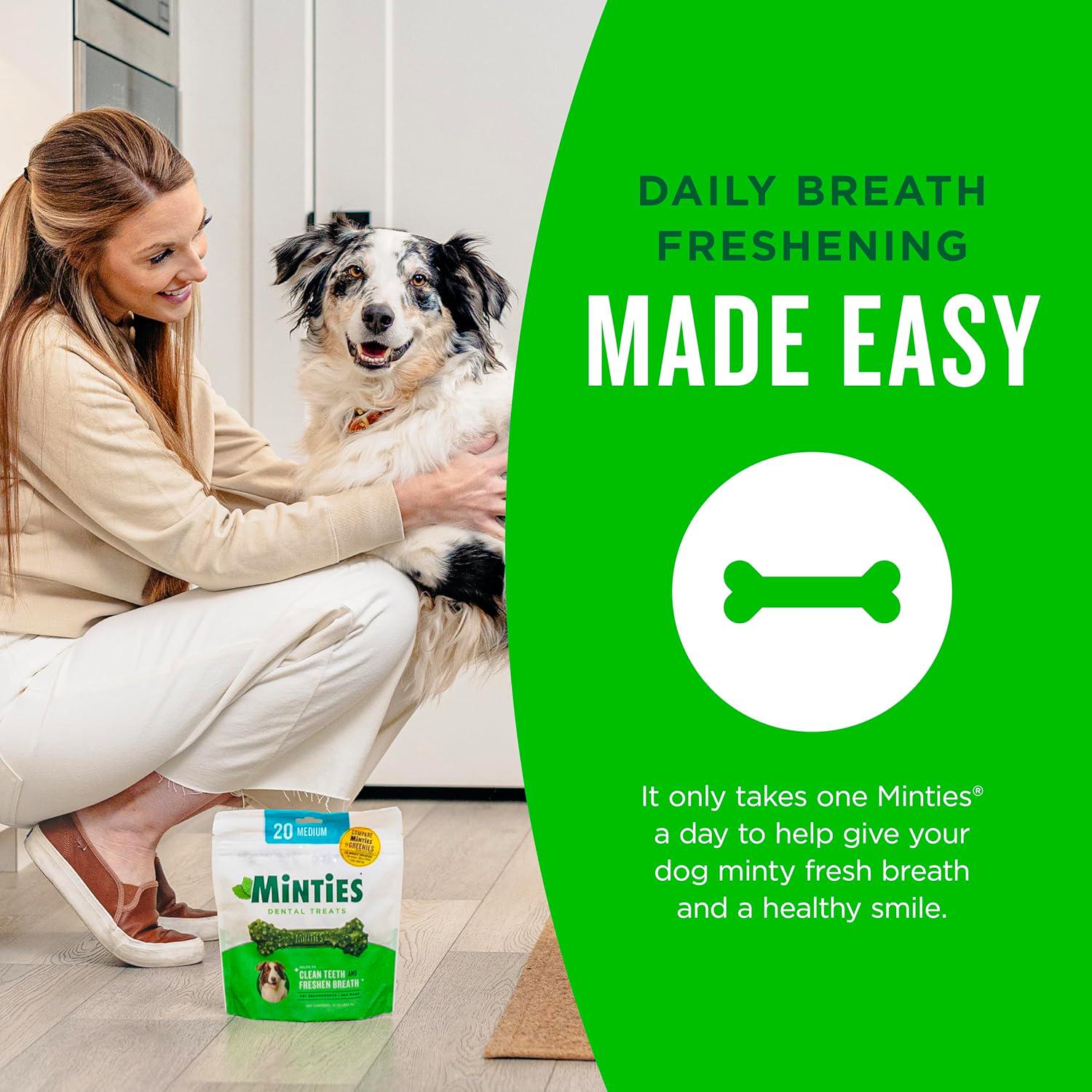 Minties Dental Chews For Dogs, 40 Count, Vet-Recommended Mint-Flavored Dental Treats For Medium Dogs 25-50 Lbs, Dental Bones Clean Teeth, Fight Bad Breath, And Removes Plaque And Tartar,
