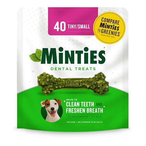 Minties Dental Chews for Dogs 40 Count Mint Flavored Dental Bones for Small Dogs 5 to 24 lbs Plaque and Breath Care
