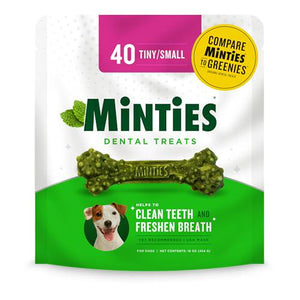 Minties Dental Chews for Dogs 40 Count Mint Flavored Dental Bones for Small Dogs 5 to 24 lbs Plaque and Breath Care