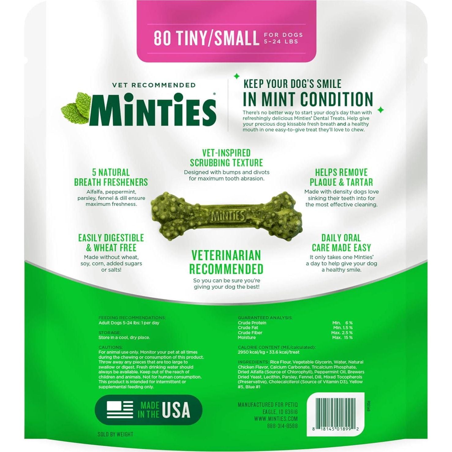 Minties Dental Chews For Dogs, 80 Count, Vet-Recommended Mint-Flavored Dental Treats For Tiny/Small Dogs 5-24 Lbs, Dental Bones Clean Teeth, Fight Bad Breath, And Removes Plaque And Tartar,