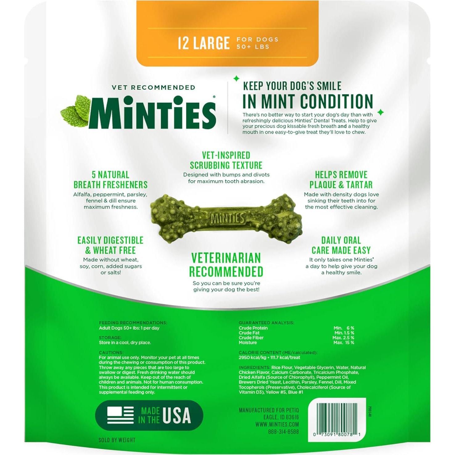 Minties Dental Chews For Dogs, 12 Count, Vet-Recommended Mint-Flavored Dental Treats For Large Dogs Over 50 Lbs, Dental Bones Clean Teeth, Fight Bad Breath, And Removes Plaque And Tartar,