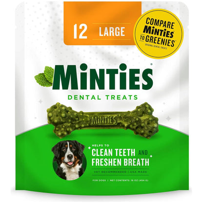 Minties Dental Chews For Dogs, 12 Count, Vet-Recommended Mint-Flavored Dental Treats For Large Dogs Over 50 Lbs, Dental Bones Clean Teeth, Fight Bad Breath, And Removes Plaque And Tartar,