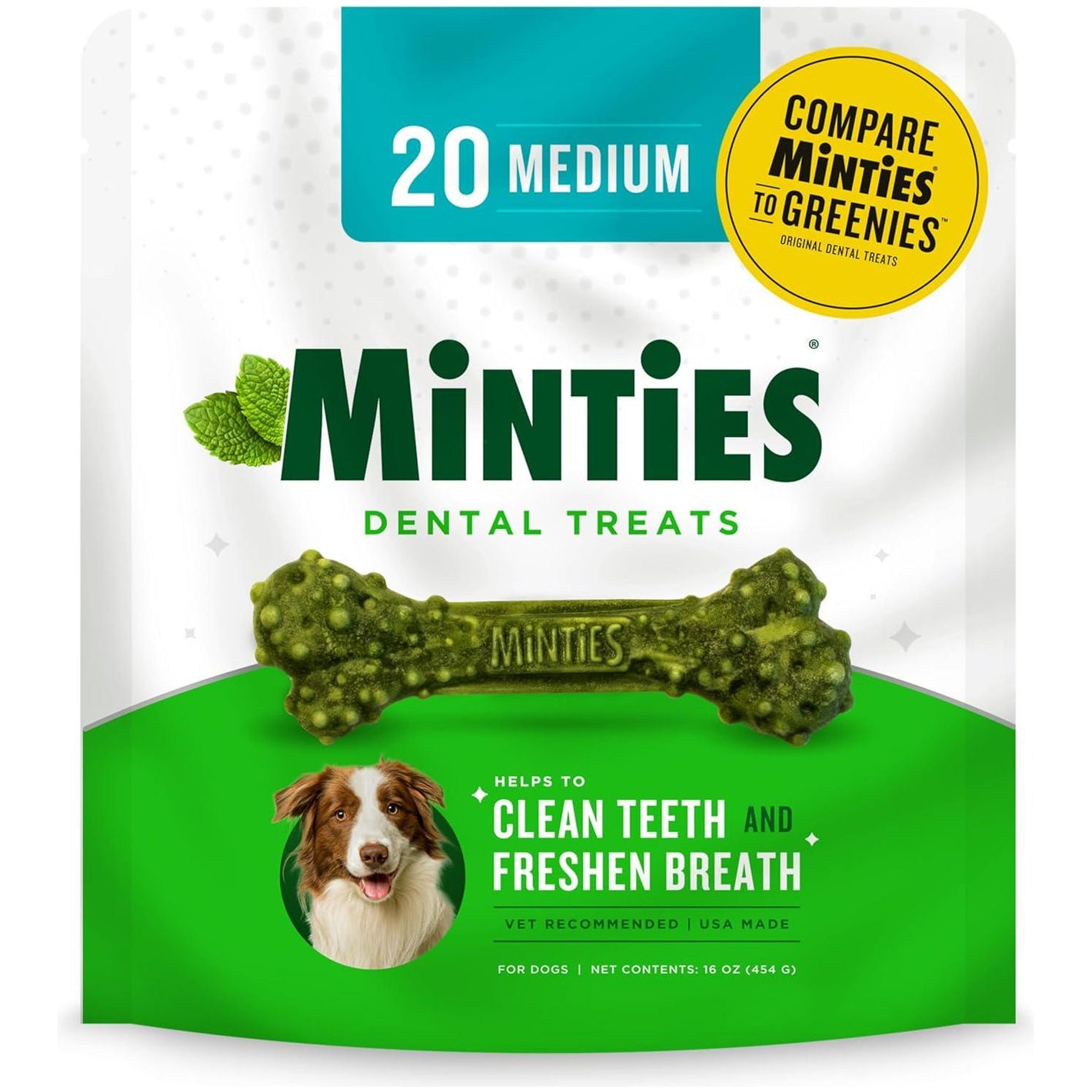 Minties Dental Dog Treats for Medium Dogs 25 50 lbs Mint Flavored 20 Count Chews