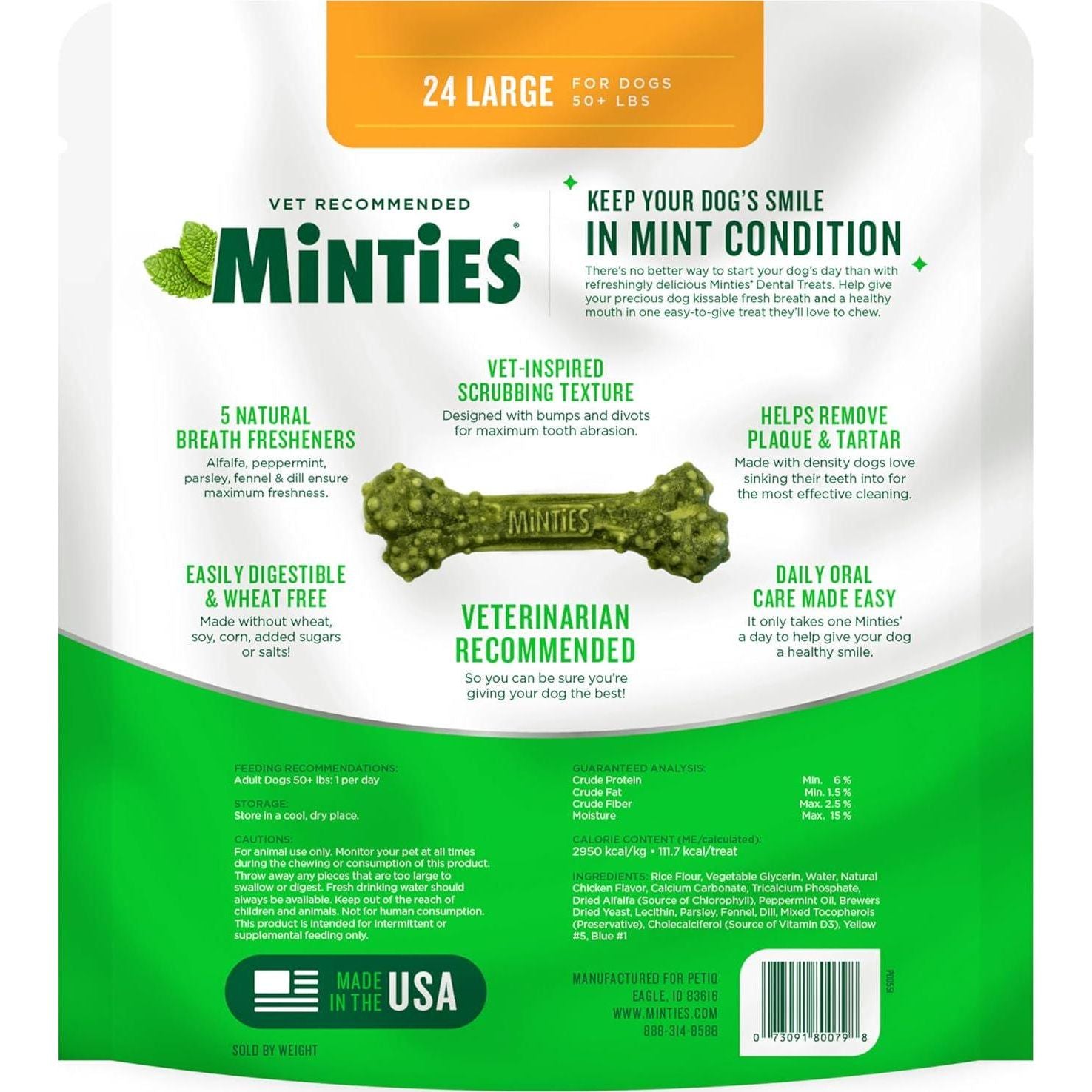 Minties Dental Chews For Dogs, 24 Count, Vet-Recommended Mint-Flavored Dental Treats For Large Dogs Over 50 Lbs, Dental Bones Clean Teeth, Fight Bad Breath, And Removes Plaque And Tartar,