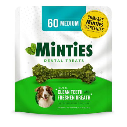 Minties Dental Chews for Medium Dogs 25 50 lbs 60 Count Mint Flavor Treats for Fresh Breath and Plaque