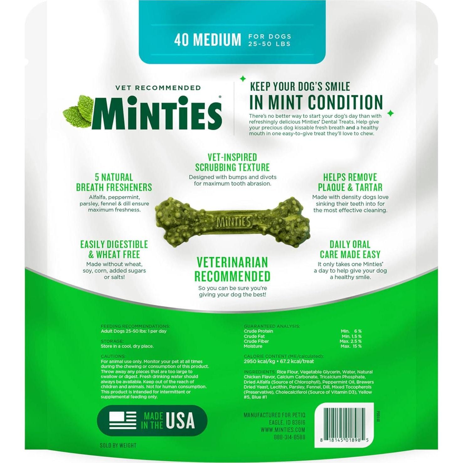 Minties Dental Chews For Dogs, 40 Count, Vet-Recommended Mint-Flavored Dental Treats For Medium Dogs 25-50 Lbs, Dental Bones Clean Teeth, Fight Bad Breath, And Removes Plaque And Tartar,