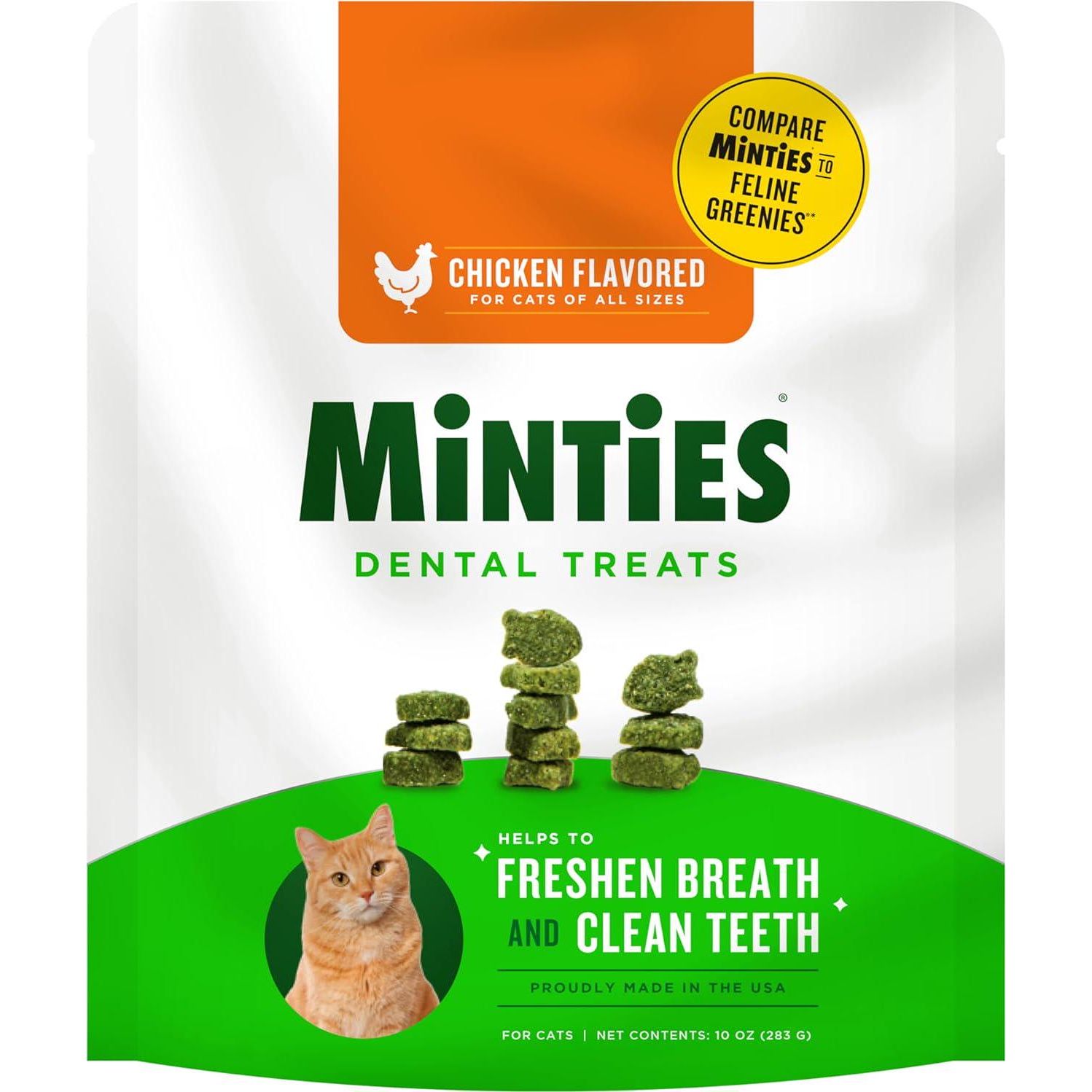 Minties Dental Treats For Cats, Chicken Flavored Treats For Cats, Freshens Breath And Controls Tartar, 10oz,