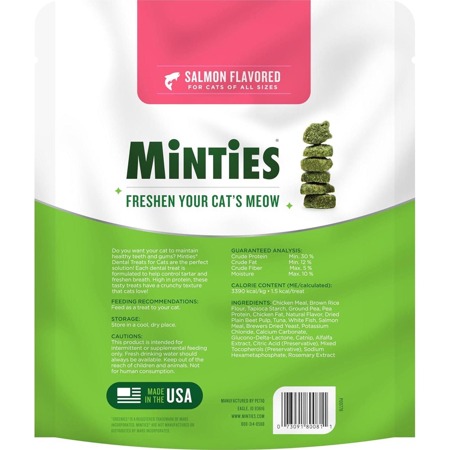 Minties Dental Treats For Cats, Salmon Flavored Treats For Cats, Freshens Breath And Controls Tartar, 10oz,