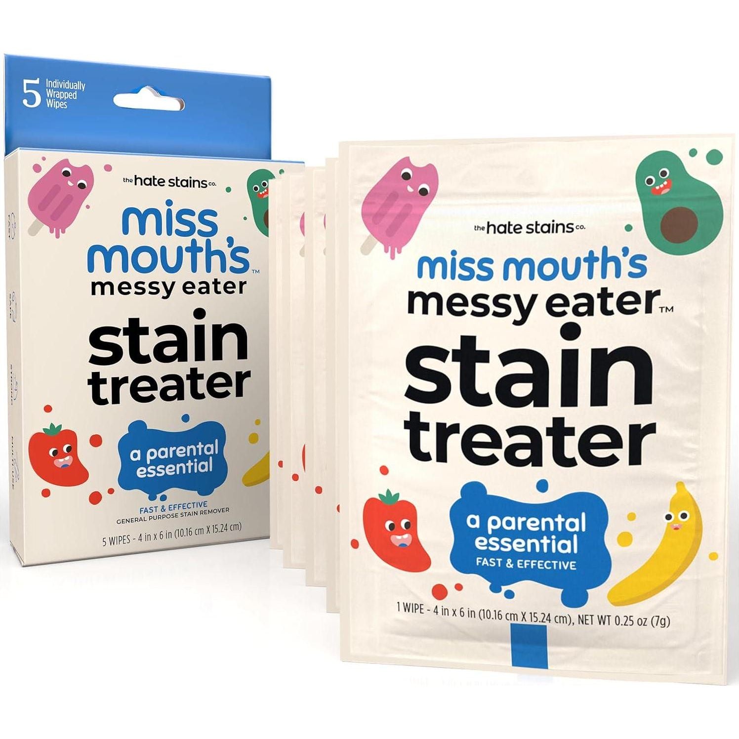 Miss Mouth's Messy Eater Stain Treater Wipes - 5 Pack Stain Remover - Newborn And Baby Essentials - No Dry Cleaning Food, Grease, Coffee Off Laundry, Underwear, Fabric,