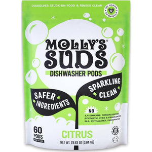 Molly's Suds Dishwasher Pods, Natural & Non-Toxic, Cuts Grease & Rinses Clean, Citrus Scent, 60 Auto-Release Tabs