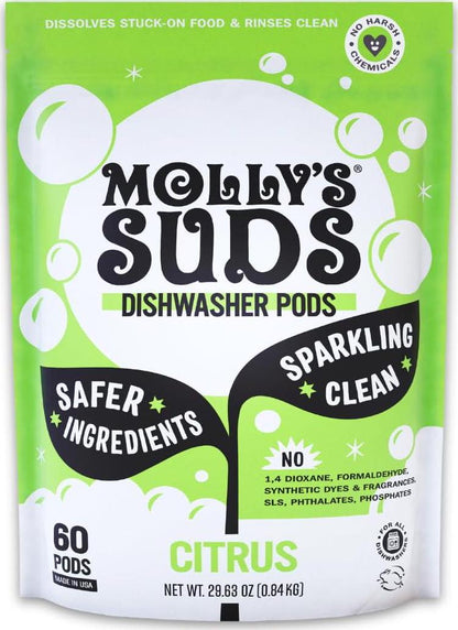 Molly's Suds Dishwasher Pods, Natural & Non-Toxic, Cuts Grease & Rinses Clean, Citrus Scent, 60 Auto-Release Tabs