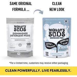 Molly's Suds Dishwasher Pods, Clean Dishwasher Detergent, Cuts Grease, Residue-Free, 120 Auto-Release Tabs, Unscented