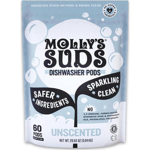 Molly's Suds Dishwasher Pods, 60 Auto Release Tabs, Unscented, Cuts Grease & Rinses Clean, Residue-Free Dishes
