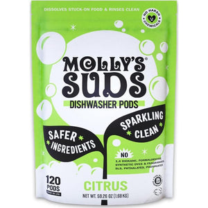 Molly's Suds Dishwasher Pods, 120 Auto Release Tabs, Citrus Scent, Cuts Grease & Rinses Clean, Residue-Free Dishes