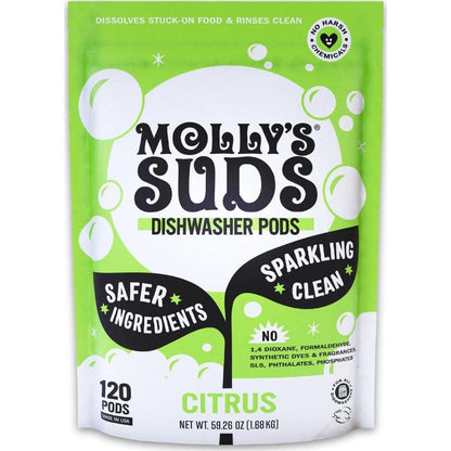 Molly's Suds Dishwasher Pods, 120 Auto Release Tabs, Citrus Scent, Cuts Grease & Rinses Clean, Residue-Free Dishes