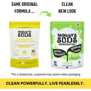 Molly's Suds Dishwasher Pods, Natural & Non-Toxic, Cuts Grease & Rinses Clean, Citrus Scent, 60 Auto-Release Tabs