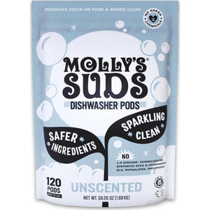 Molly's Suds Dishwasher Pods, Clean Dishwasher Detergent, Cuts Grease, Residue-Free, 120 Auto-Release Tabs, Unscented