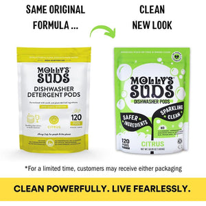 Molly's Suds Dishwasher Pods, 120 Auto Release Tabs, Citrus Scent, Cuts Grease & Rinses Clean, Residue-Free Dishes