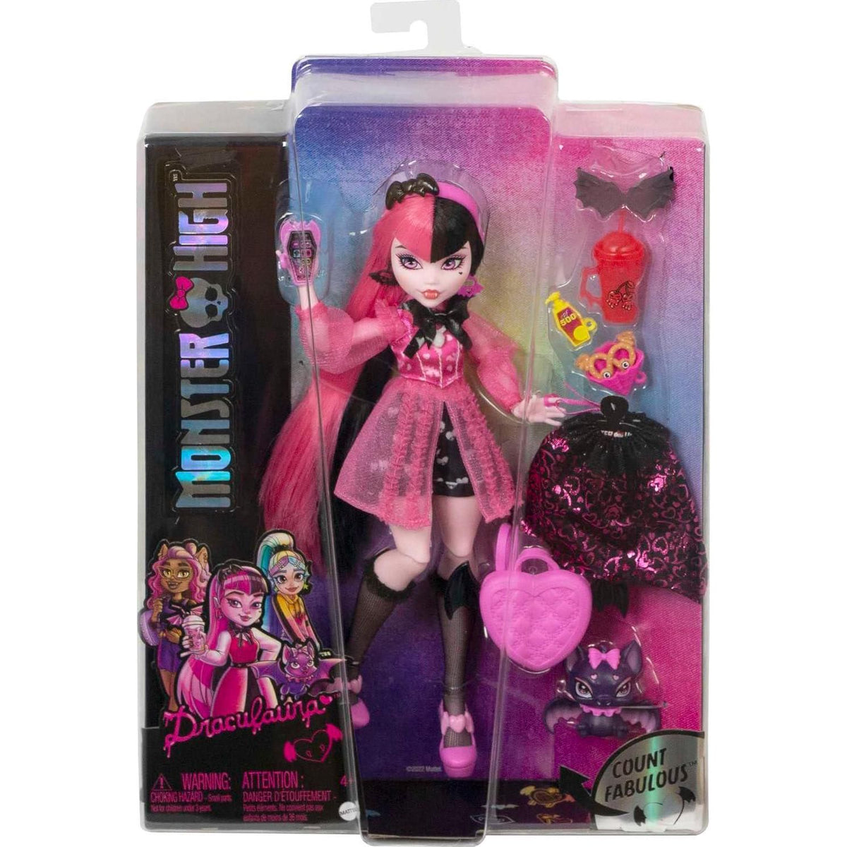 Monster High Doll, Draculaura With Pink And Black Hair In Signature Look With Fashion Accessories And Pet Bat Count Fabulous,