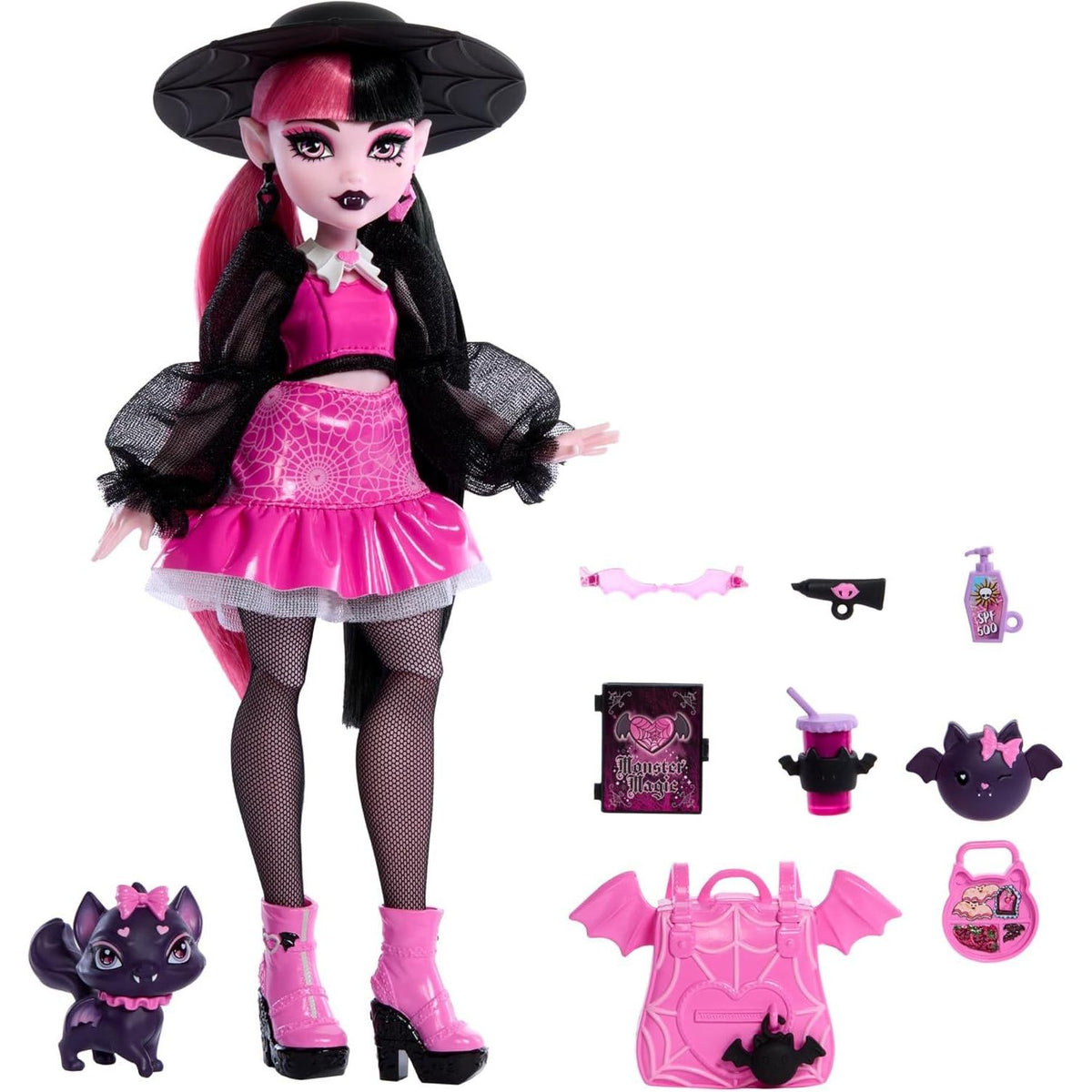 Monster High Draculaura Doll With Pet Bat-Cat Count Fabulous And Accessories Like Backpack, Spell Book, Bento Box And More,