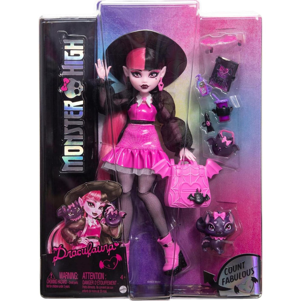 Monster High Draculaura Doll With Pet Bat-Cat Count Fabulous And Accessories Like Backpack, Spell Book, Bento Box And More,