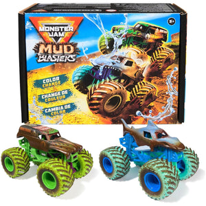 Monster Jam Mud Blasters Grave Digger and Megalodon Color Changing Trucks 1:64 2 Pack Toy for Ages 3+