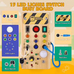 Montessori LED Light Switch Busy Board, 8 Sensory Activities for Toddlers 1+ Travel Toy