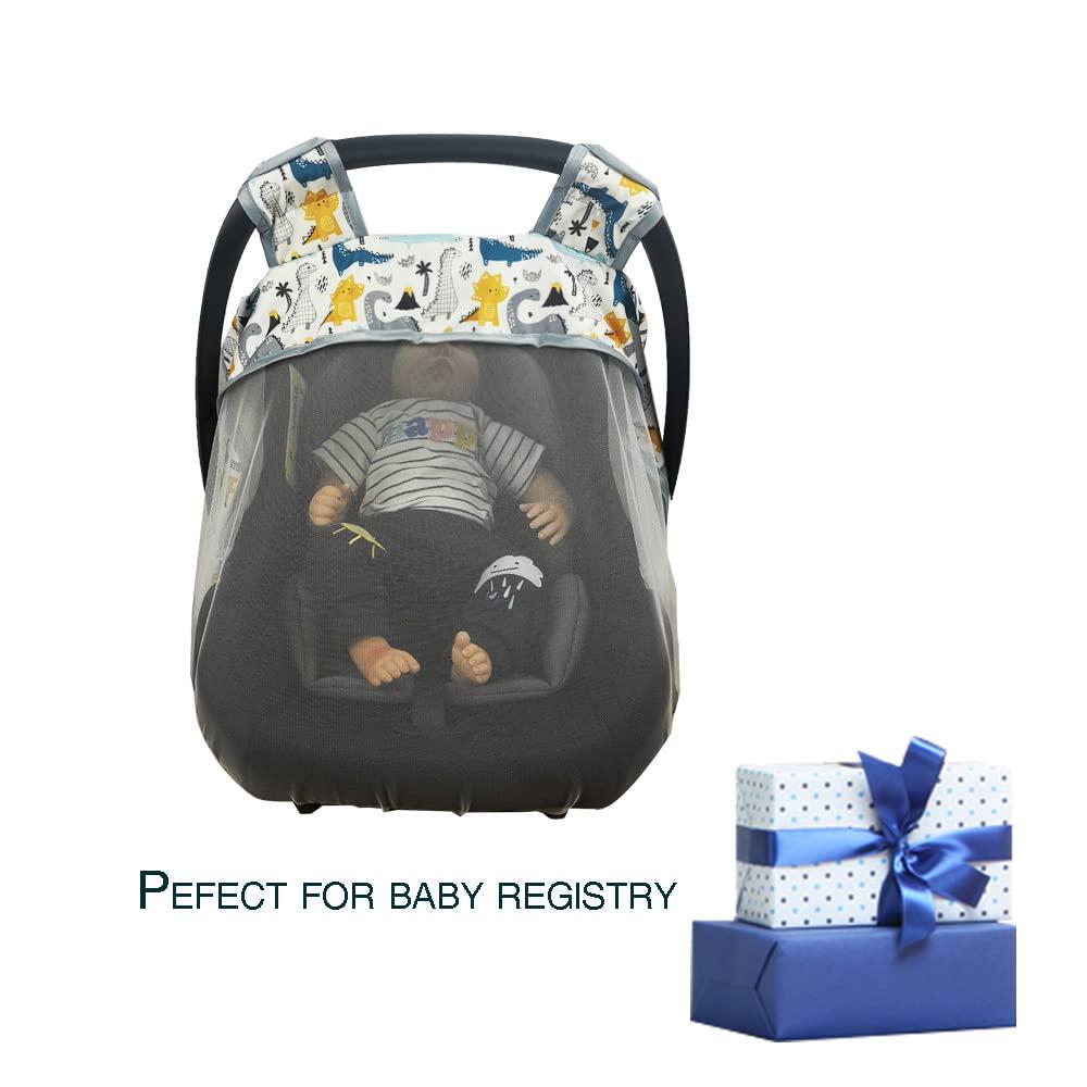 Mosquito Net For Baby CarSeat Car Seat Net For Newborn Carrier Breathable Mesh Net For Infant Car Seats, Stroller And Bassinets, Carrier, Elastic Edge, Kick Proof, Dinosaur, White, Patent Design,