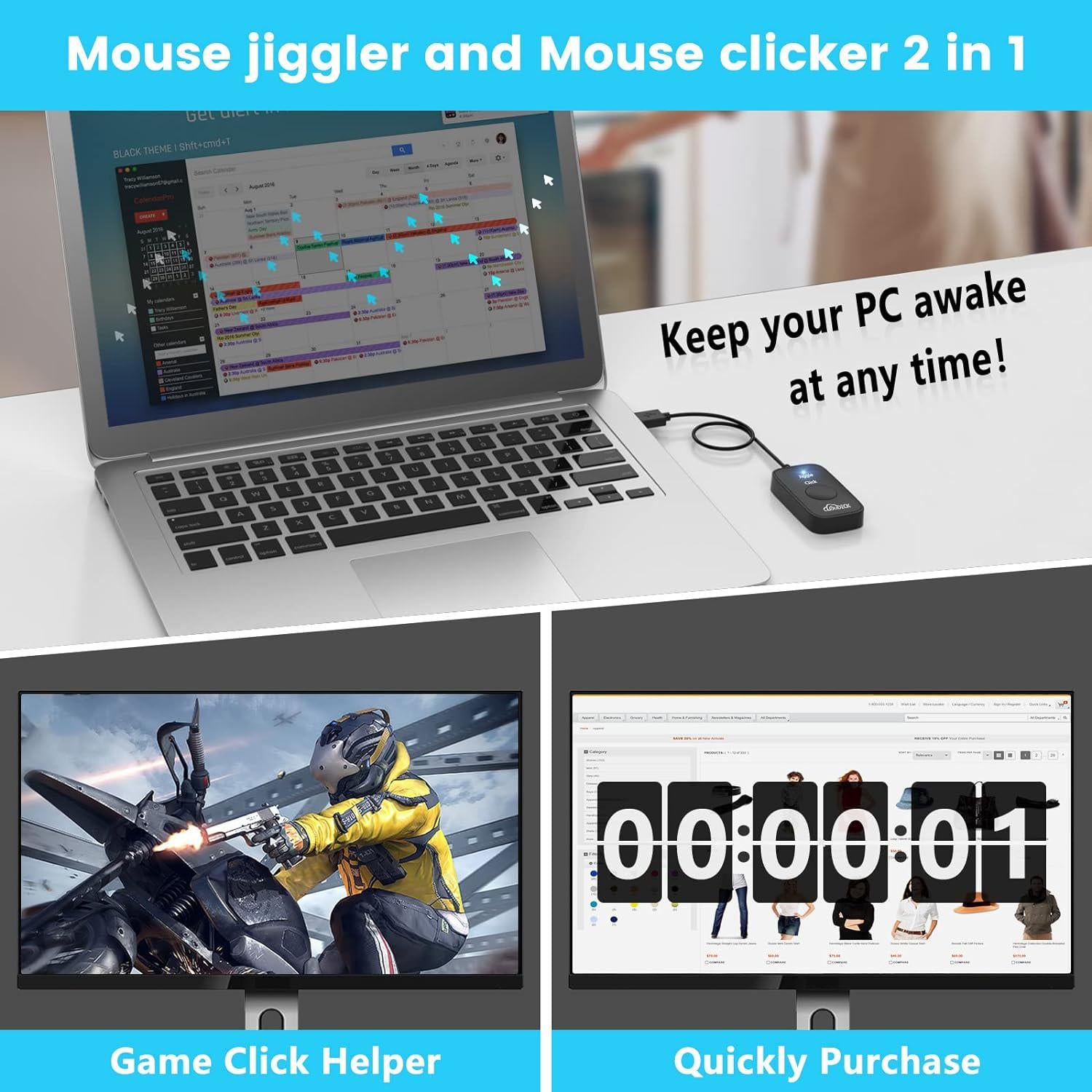 Mouse Jiggler Undetectable For Computer, USB Mouse Mover, Gaming Automatic Continuous And Assistive Click Device, Plug And Play, Simulate Mouse Pointer Movement To Prevent PC Going Sleep,