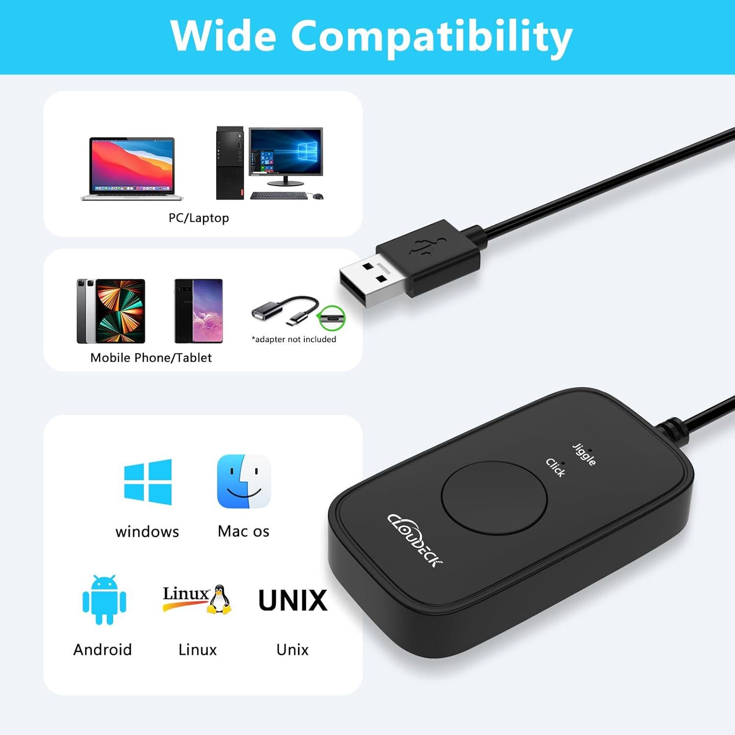 Mouse Jiggler Undetectable For Computer, USB Mouse Mover, Gaming Automatic Continuous And Assistive Click Device, Plug And Play, Simulate Mouse Pointer Movement To Prevent PC Going Sleep,