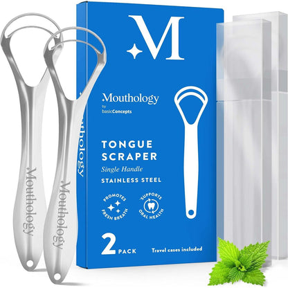 Mouthology Tongue Scraper for Adults, 2-Pack, Stainless Steel, Reduces Bad Breath, Easy to Use, Tongue Cleaner