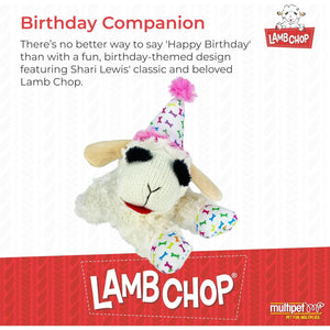 Multipet Lamb Chop Dog Toy with Birthday Hat, 10.5", Pink, Plush Squeaky Toy with 5 Squeakers, All Breeds