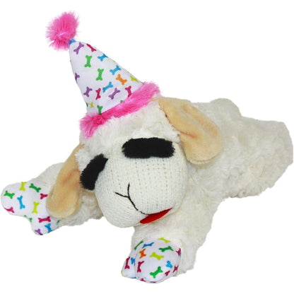 Multipet Lamb Chop Dog Toy with Birthday Hat, 10.5", Pink, Plush Squeaky Toy with 5 Squeakers, All Breeds