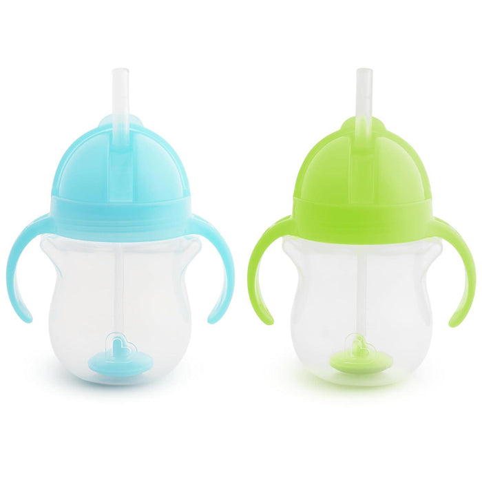 Munchkin Any Angle Sippy Cup for Toddlers, Weighted Straw Trainer Cup with Click Lock Lid, 7 oz, 2-Pack, Blue & Green