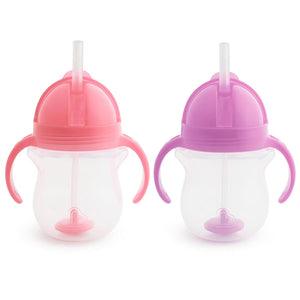 Munchkin Any Angle Sippy Cup For Toddlers, Weighted Straw Trainer Cup With Click Lock Lid, 7 Ounce, 2 Pack, Pink/Purple,735282177996